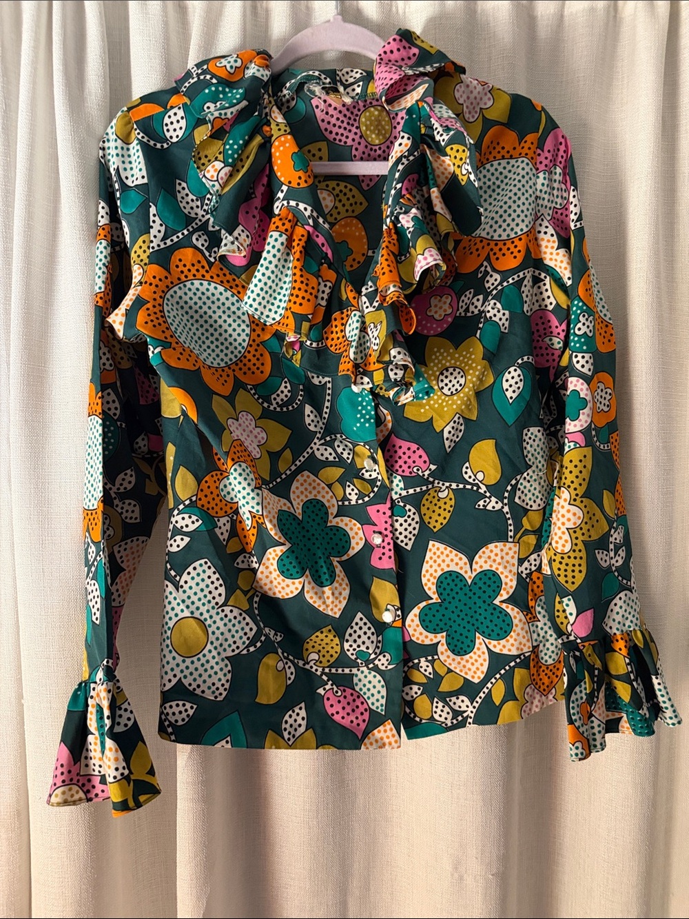 Women's vintage Floral Ruffle Blouse - Green Multi